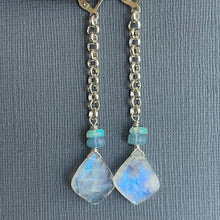 Load image into Gallery viewer, Moroccan Cut Moonstone and Opal Long Dangles, OOAK