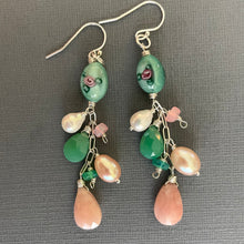 Load image into Gallery viewer, Pink Opal, Vintage Glass, Pearl, Opal and Chrysoprase Cascade Earrings, OOAK
