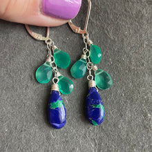 Load image into Gallery viewer, Sapphire Blue Copper Turquoise with green onyx dangle earrings