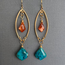 Load image into Gallery viewer, Chrysocolla and Sunstone Marquis Open Hoop Earrings, OOAK