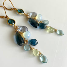 Load image into Gallery viewer, London Blue Quartz, Aquamarine, Opalite, Prehnite Cascade Cluster Earrings