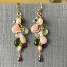 Load image into Gallery viewer, Pink Opal, Prehnite, Garnet, Pearl and Quartz Cascade Cluster Earrings, metal and earwire options