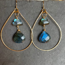 Load image into Gallery viewer, Raincloud and Raindrop Labradorite KATIE Hammered 2&quot; Hoop Earrings Size: Medium , sterling, rose gold or gold