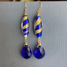 Load image into Gallery viewer, Swirly Murano Cobalt Blue Glass and Quartz Dangles