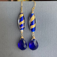 Swirly Murano Cobalt Blue Glass and Quartz Dangles
