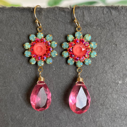Seafoam Opal and Coral Pink with Pink Quartz Floral Dangle Earrings