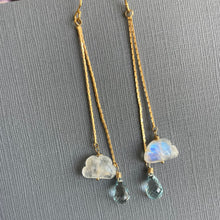 Load image into Gallery viewer, Spring Clouds Rainbow Moonstone and Blue Topaz Tassel Earrings