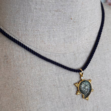Load image into Gallery viewer, Labradorite carved Ammonite Necklace, Bubble Bezel, Navy Cord