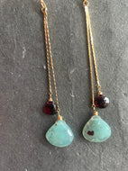 Aquaprase and Rhodolite Garnet Tassel Earrings OOAK