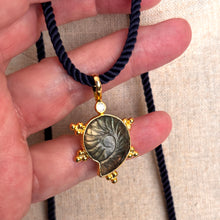 Load image into Gallery viewer, Labradorite carved Ammonite Necklace, Bubble Bezel, Navy Cord