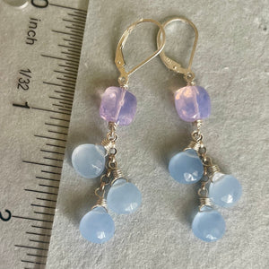 Pale Periwinkle Chalcedony and Lavender Quartz cushion Cut Cascade Earrings