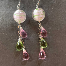 Load image into Gallery viewer, Icy Pink and Green Murano Glass and Quartz Dangle Earrings