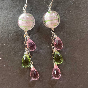 Icy Pink and Green Murano Glass and Quartz Dangle Earrings