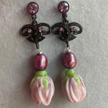 Load image into Gallery viewer, New x Vintage Combo Kunzite European Glass Flower Earrings, OOAK