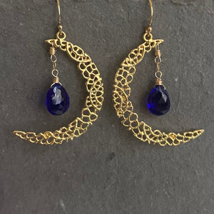 Blue Crescent Moon Gold Vermeil Earrings