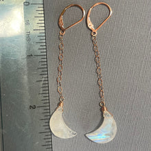 Load image into Gallery viewer, Moonstone Crescent Moon Dangles, 14k Rose Gold Filled, OOAK