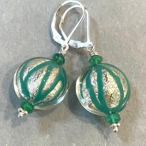 Geometic Silver Foil Murano Glass and Opal Dangle Earrings