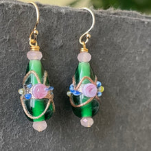 Load image into Gallery viewer, Vintage Wedding Cake Emerald Green Teardrop Earrings, Metal Options