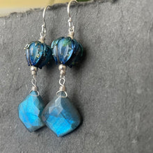 Load image into Gallery viewer, Labradorite and Lampwork Glass Earrings, OOAK