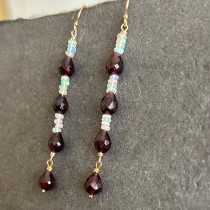 Rhodolite Garnet and Opal Earrings, Gold, OOAK