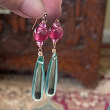 Load image into Gallery viewer, Cranberry and Aquamarine Elongated Teardrop Dangle Earrings, 14k Rose Gold Filled, #2