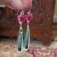 Cranberry and Aquamarine Elongated Teardrop Dangle Earrings, 14k Rose Gold Filled, #2