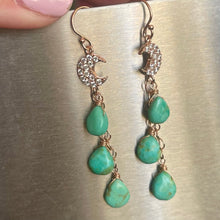 Load image into Gallery viewer, Sparkling Moon Rose Gold and Turquoise Cascade Earrings, OOAK