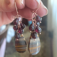 Load image into Gallery viewer, Tiger Jasper and Rhodolite Garnet Earrings, OOAK, Rose Gold