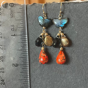 Butterfly Labradorite and Orange Turquoise Earrings,  OOAK