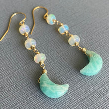 Load image into Gallery viewer, Amazonite Moon and Opal Earrings, OOAK