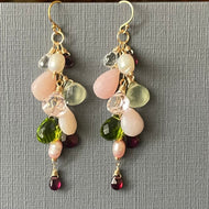 Pink Opal, Prehnite, Garnet, Pearl and Quartz Cascade Cluster Earrings, metal and earwire options