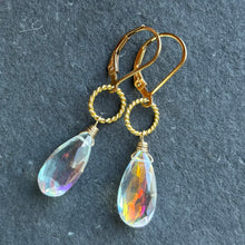 Load image into Gallery viewer, Rainbow Opalite Mini Hoop Earrings, OOAK, Elongated Pear