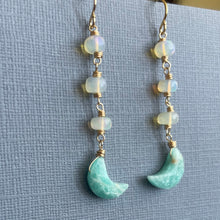 Load image into Gallery viewer, Amazonite Moon and Opal Earrings, OOAK