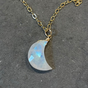 Rainbow Moonstone Carved Moon Necklace