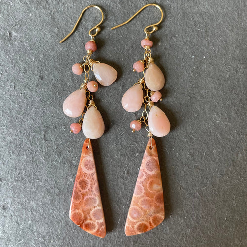 Fossil and Pink Opal Cascade Earrings, OOAK 008