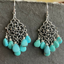 Load image into Gallery viewer, Petite Turquoise filigree Sterling Silver Chandelier Earrings