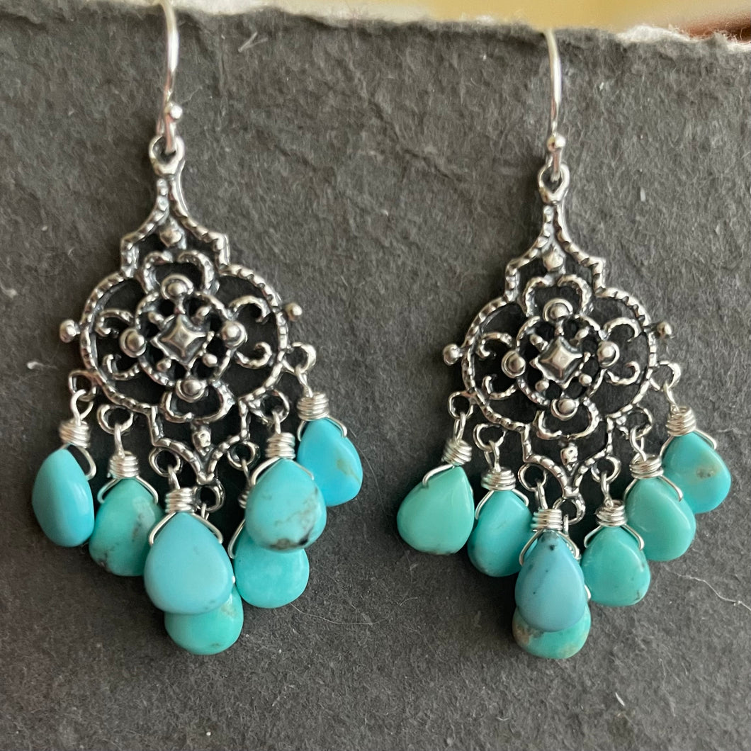 Petite Turquoise filigree Sterling Silver Chandelier Earrings