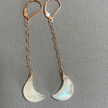 Load image into Gallery viewer, Moonstone Crescent Moon Dangles, 14k Rose Gold Filled, OOAK