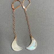 Moonstone Crescent Moon Dangles, 14k Rose Gold Filled, OOAK