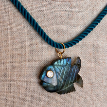 Load image into Gallery viewer, Go Fish! Labradorite and Cubic Zirconia Carved Fish Necklace, Teal Cord