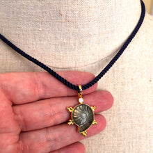 Load image into Gallery viewer, Labradorite carved Ammonite Necklace, Bubble Bezel, Navy Cord