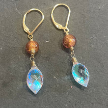 Load image into Gallery viewer, Murano Glass and Fire Rainbow Moonstone Dewdrop Dangles, metal choices