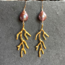 Load image into Gallery viewer, Baroque Pearl Coral Branch Chandelier Earrings, Mauve, OOAK