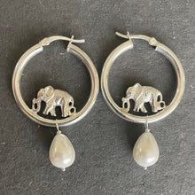 Load image into Gallery viewer, Elephant and pearl hoop earrings