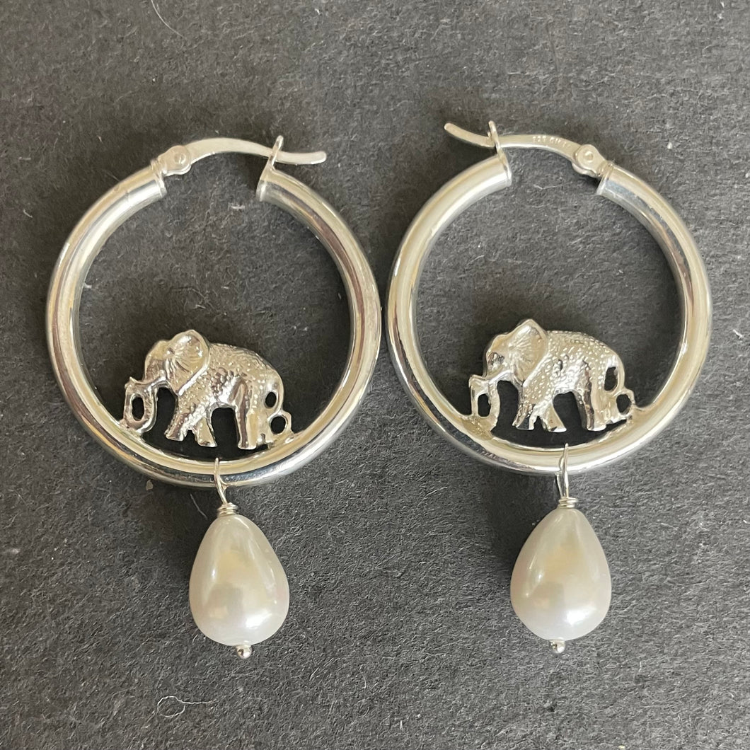 Elephant and pearl hoop earrings