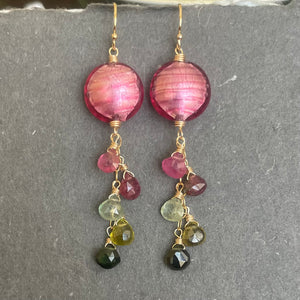 Pink Sands OOAK Murano Glass and Tourmaline Dangle Earrings