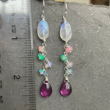 Load image into Gallery viewer, Rainbow Moonstone and a Pink to Emerald Green and Opal Dangle Earrings, OOAK