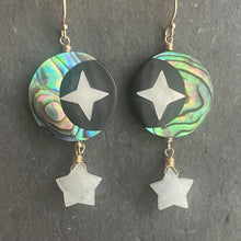 Load image into Gallery viewer, Mother of Pearl Moon and Stars Earrings, Rainbow Moonstone Star OOAK