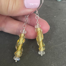 Load image into Gallery viewer, Dichroic Lemon Murano Glass Dangle Earrings, Opal and Quartz, Metal options