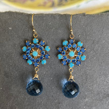 Load image into Gallery viewer, Turquoise and Sapphire Crystal and Quartz Floral Teardrop Earrings